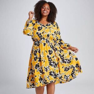 NWOT Lane Bryant Size 22/24 Beauticurve Crossover Yellow Black Floral Midi Dress